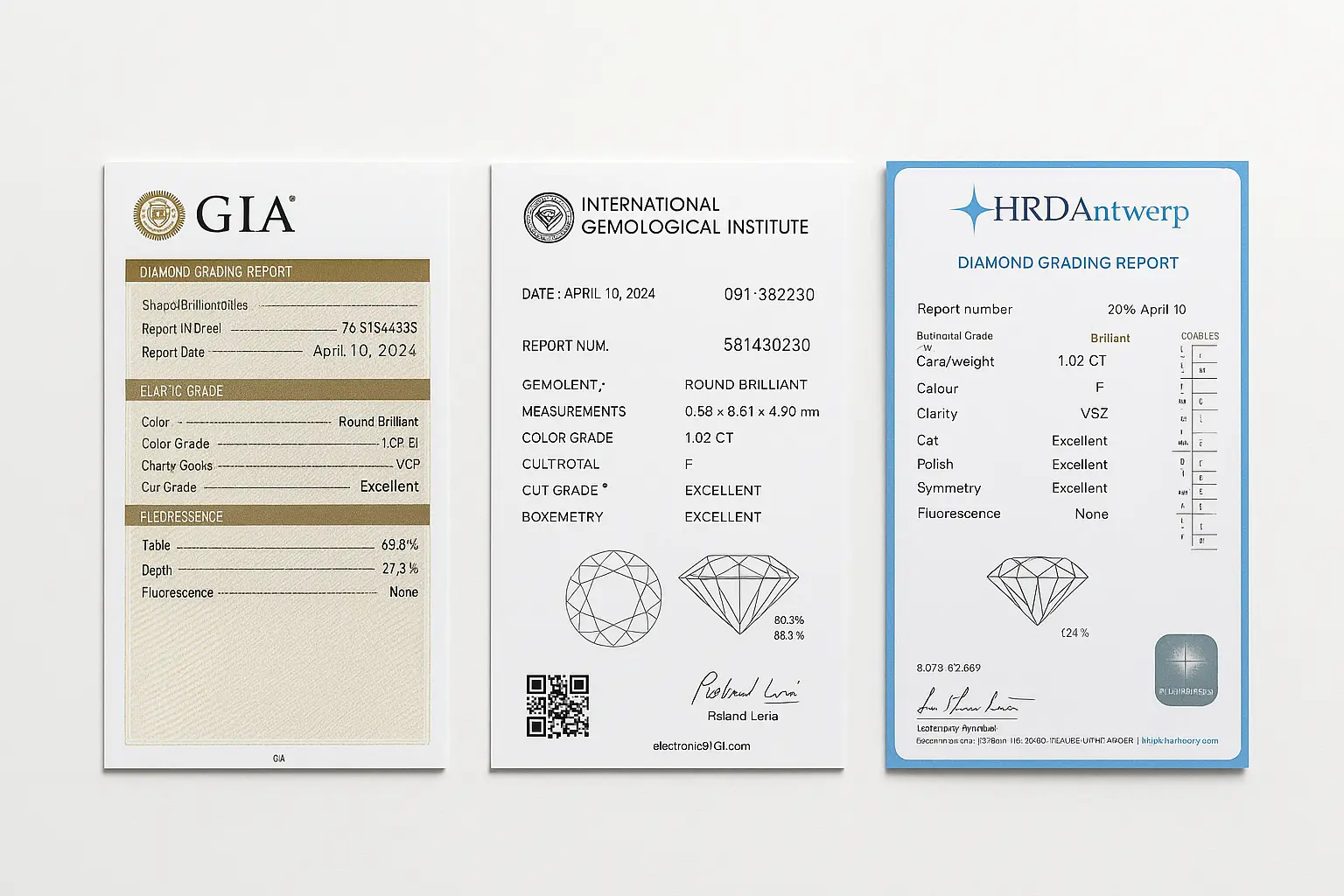 Jak czytać certyfikat diamentu? Zrozum klasyfikację GIA, IGI i HRD 1 Porównanie trzech certyfikatów diamentów: GIA (lewy), IGI (środkowy) i HRD (prawy), ukazujące różnice w układzie i formacie raportów gemmologicznych.