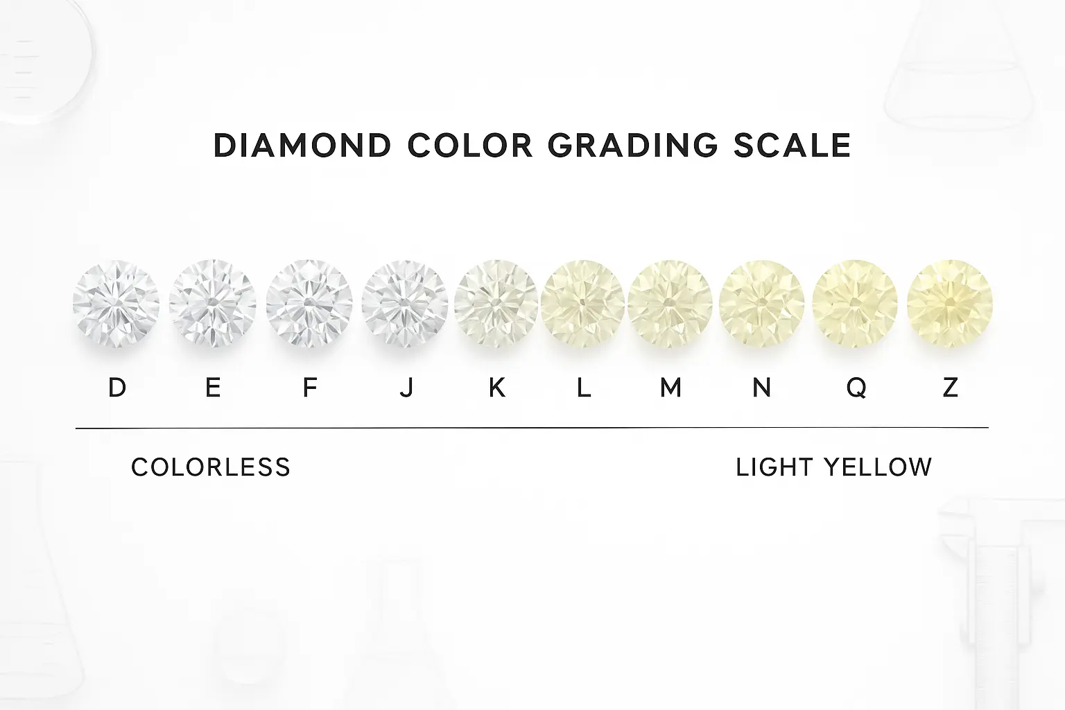 Jak czytać certyfikat diamentu? Zrozum klasyfikację GIA, IGI i HRD 2 Diagram edukacyjny przedstawiający skalę barw diamentów GIA od D (bezbarwny) do Z (jasnożółty), z realistycznymi ilustracjami diamentów w gradiencie i oznaczeniami literowymi poszczególnych stopni.