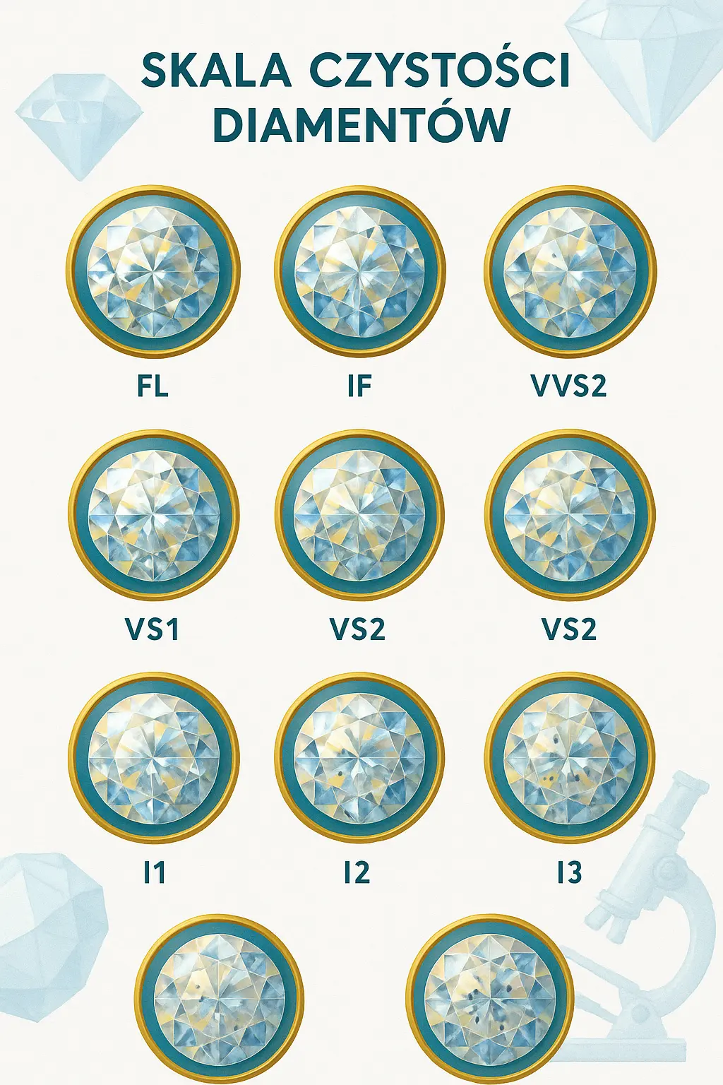 Jak czytać certyfikat diamentu? Zrozum klasyfikację GIA, IGI i HRD 3 Czystość Diamentów - Skala Klasyfikacji od FL do I3