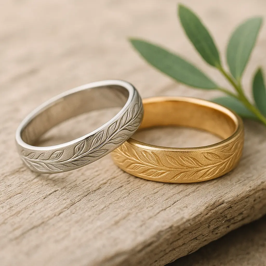 Artystyczne zbliżenie na parę obrączek ślubnych z białego i żółtego złota, z delikatnym grawerem w kształcie liści, leżące na naturalnym drewnie.