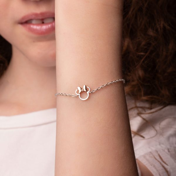Srebrna bransoletka Disney Minnie z różową kokardą z różowego złota