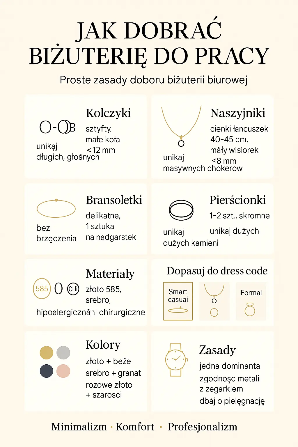 Biżuteria do pracy – elegancja i minimalizm | Jubiler Kraków BigDIAMOND 3 Infografika przedstawiająca rodzaje biżuterii do pracy – kolczyki sztyfty, cienkie złote bransoletki i minimalistyczne naszyjniki.