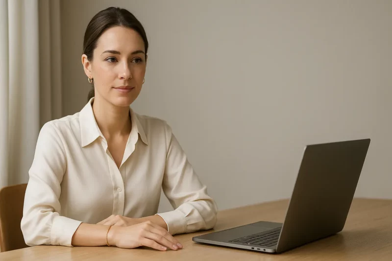 Jubiler Kraków Sklep – Pierścionki, Obrączki, Biżuteria BigDIAMOND 21 Kobieta w eleganckiej koszuli siedzi przy biurku, nosząc delikatne złote kolczyki i cienką bransoletkę – biżuteria do pracy w stylu minimalistycznym.