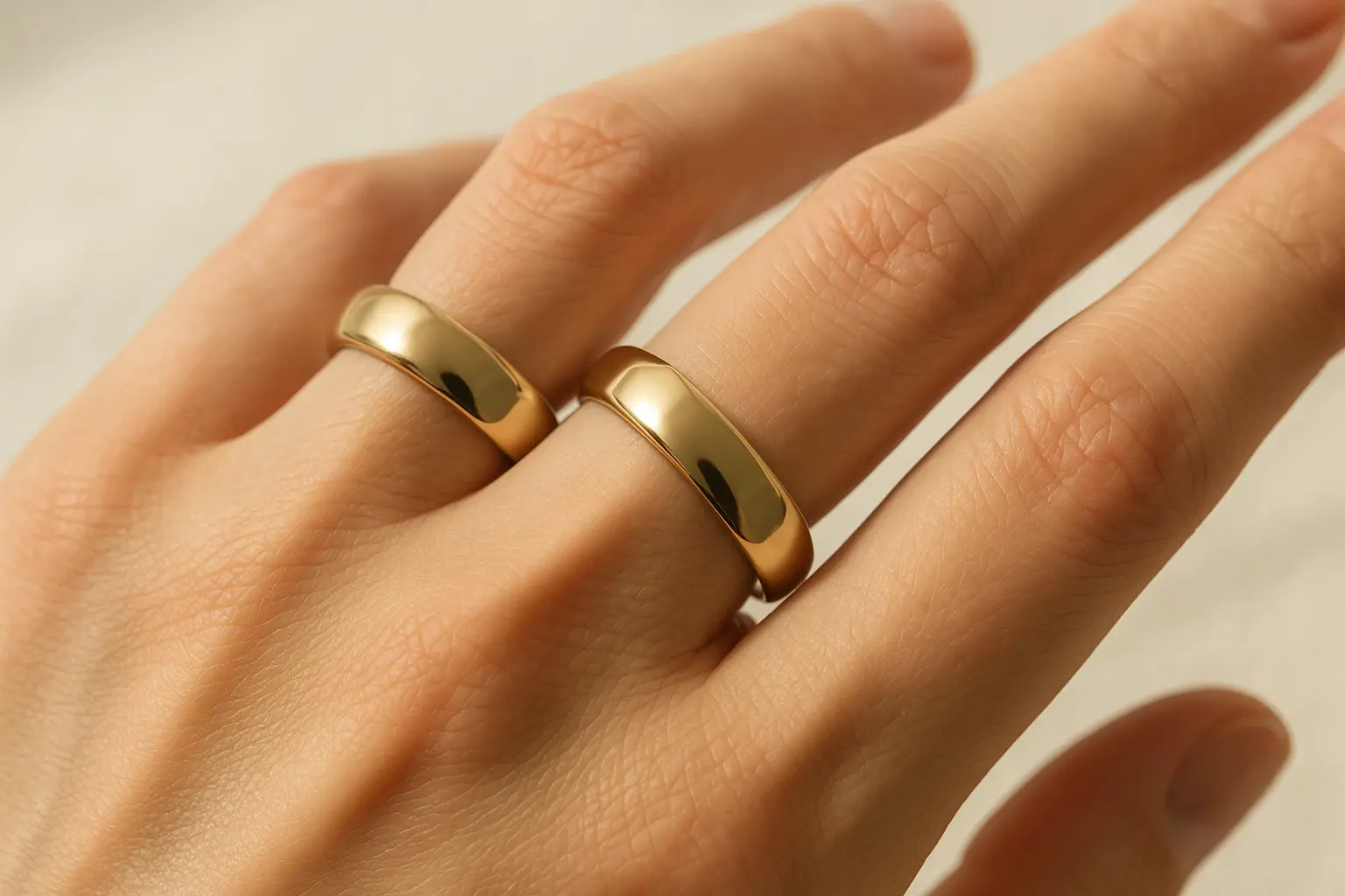 Dwie gładkie obrączki comfort-fit na dłoni w świetle dziennym, styl minimal.