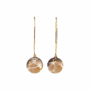 Długie złote kolczyki z dmuchawcem, wiszące, żywica.