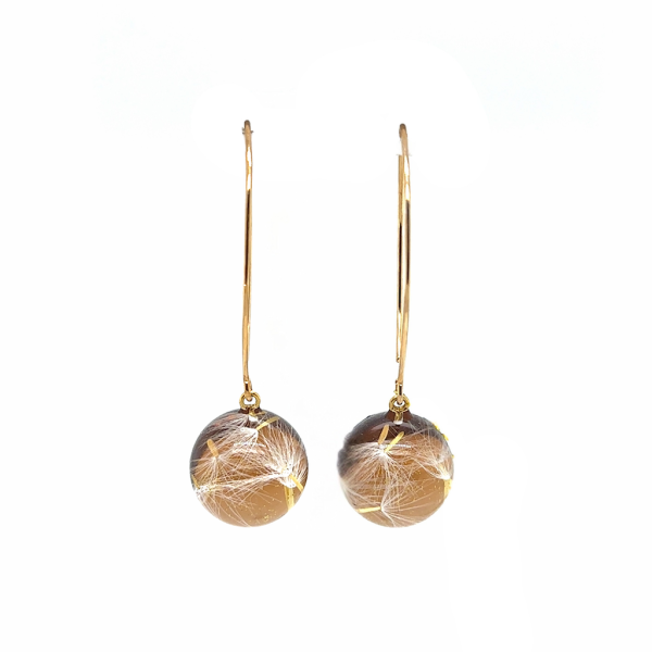Długie złote kolczyki z dmuchawcem, wiszące, żywica.