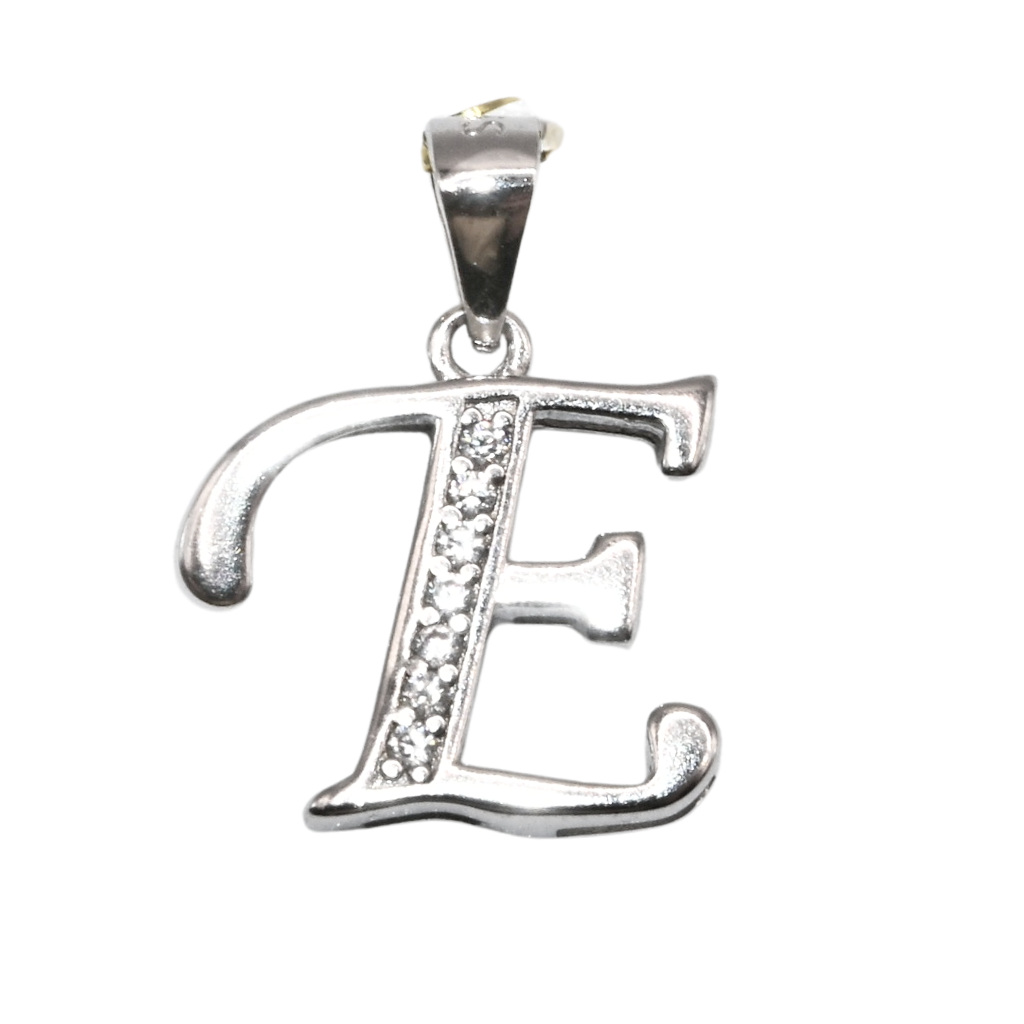 Srebrny wisiorek z literą E wysadzanym cyrkoniami