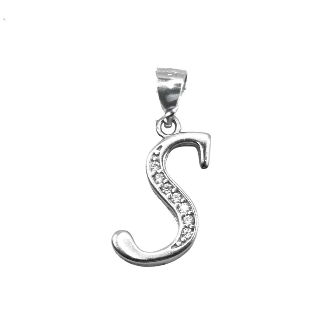 S-shaped silver pendant with zirconia stones.