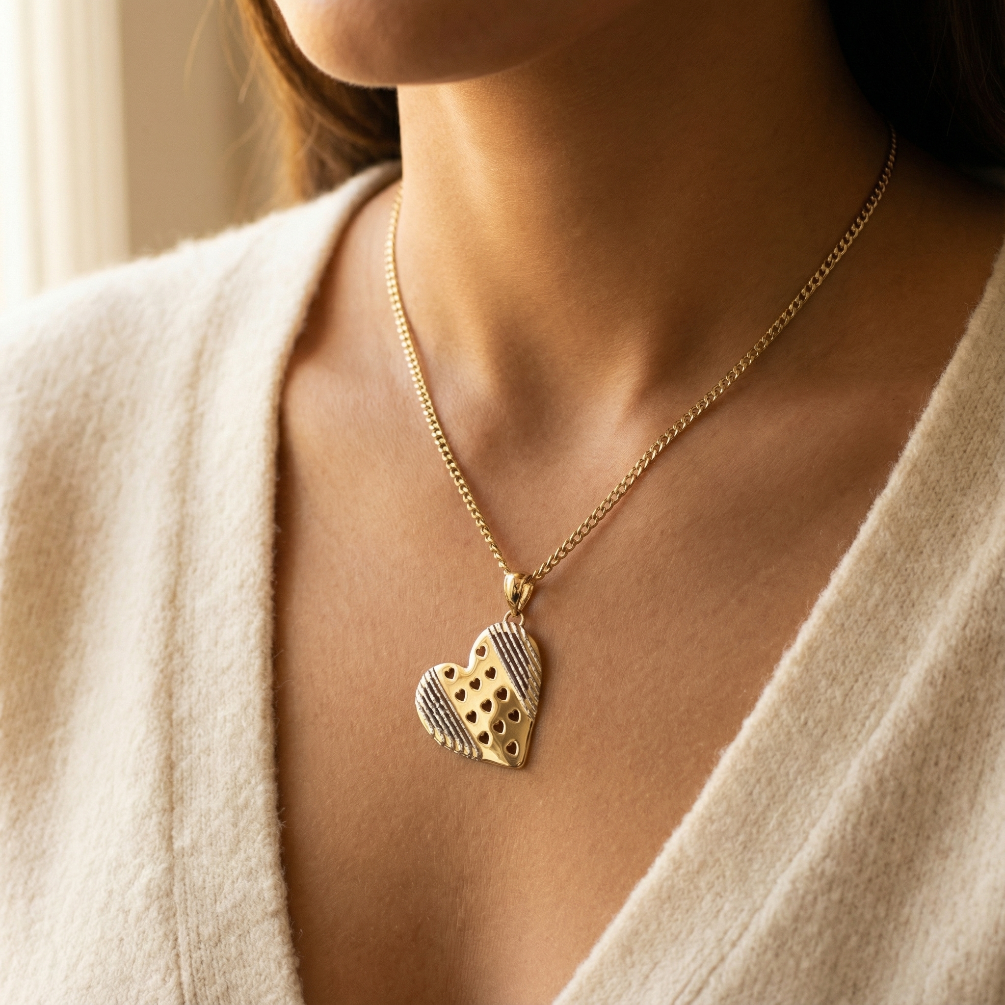 Złota zawieszka w kształcie serca na szyi modelki