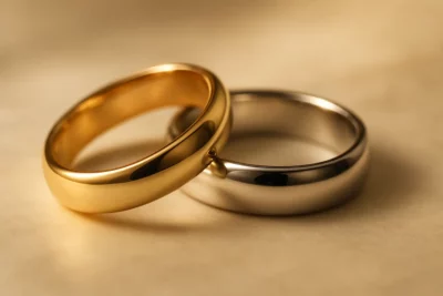 Złote i srebrne obrączki ślubne na tle.