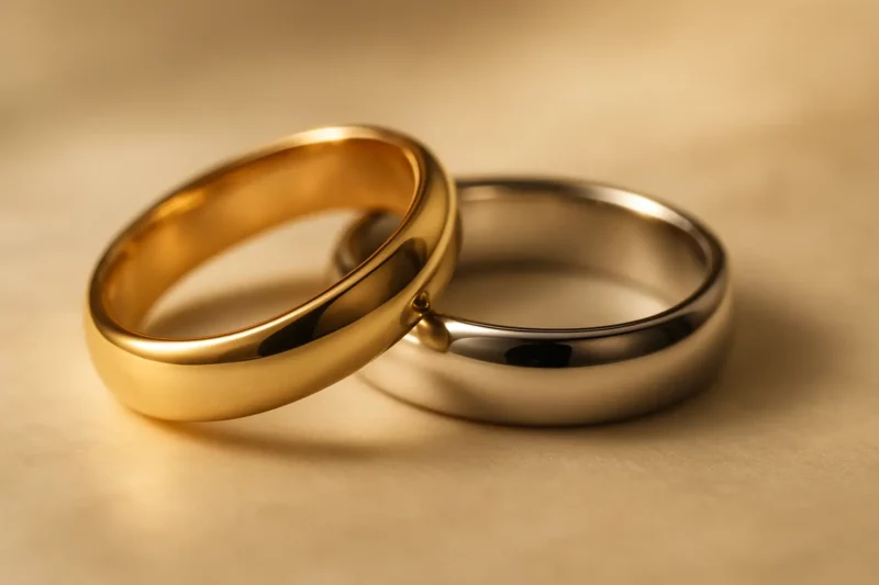 Złote i srebrne obrączki ślubne na tle.