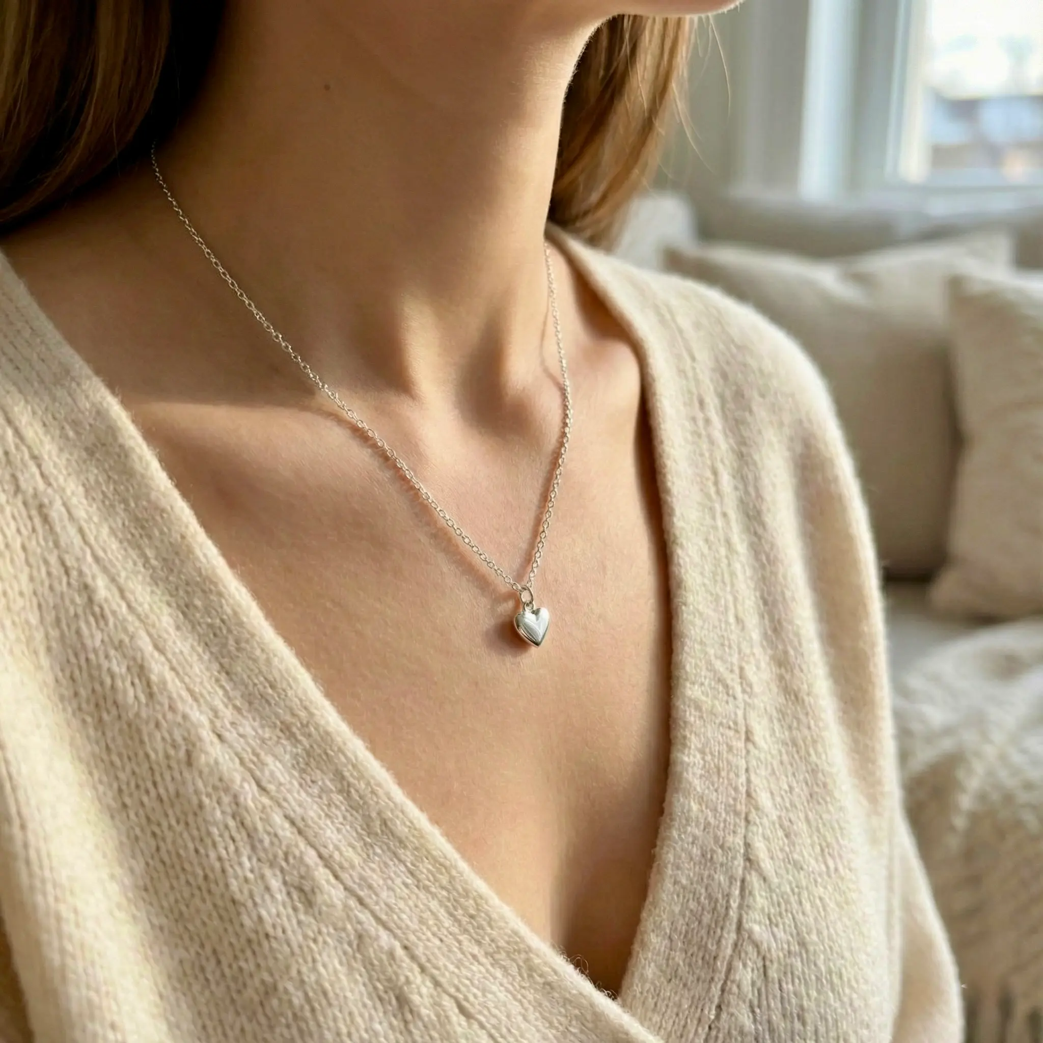 Srebrny naszyjnik w kształcie serca na delikatnym łańcuszku.