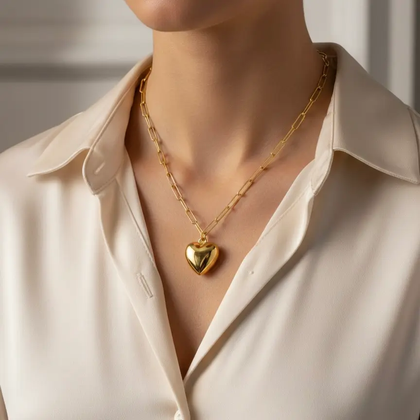 Naszyjnik w kształcie serca na szyi modelki.